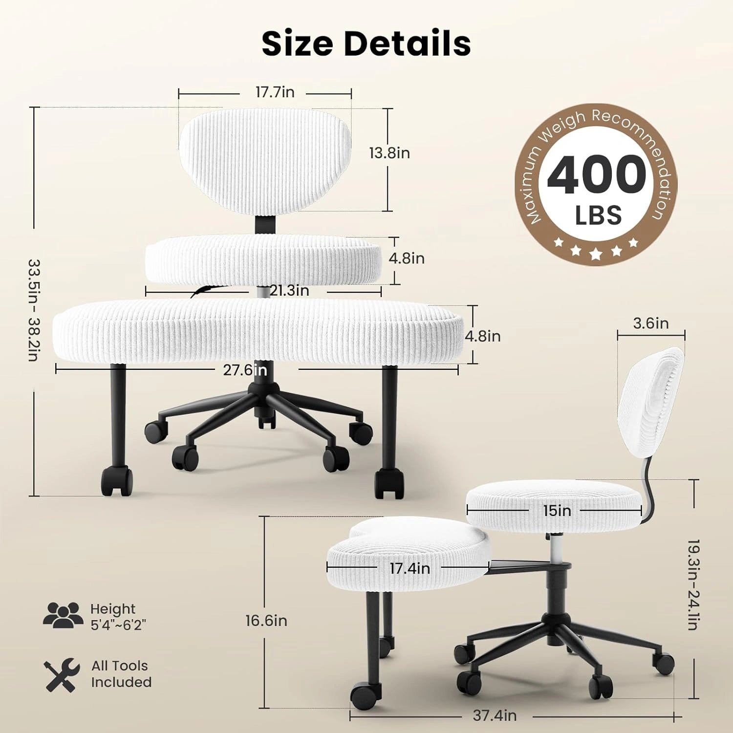 Ergonomic Cross-Legged Chair in White Corduroy